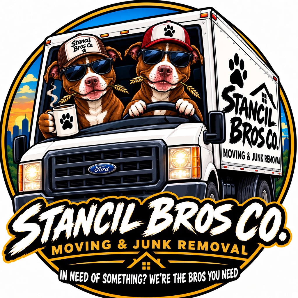 Stancil Bros Co. cartoon dogs driving a moving truck logo